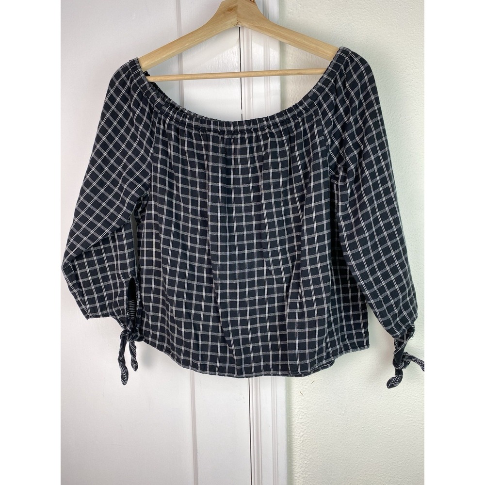 Madewell Women's S Black White Check Off The Shoulder 3/4 Tie Sleeve Top